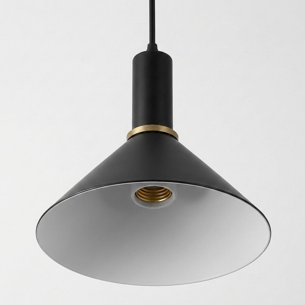 A modern pendant light fixture with a matte black metal shade and a gold accent ring, suspended against a clean white background.