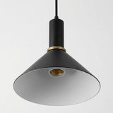 A modern pendant light fixture with a matte black metal shade and a gold accent ring, suspended against a clean white background.