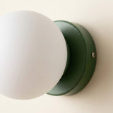 A close-up shows the wall sconce’s green iron base, visible side screw, and white plastic globe shade against a cream wall.