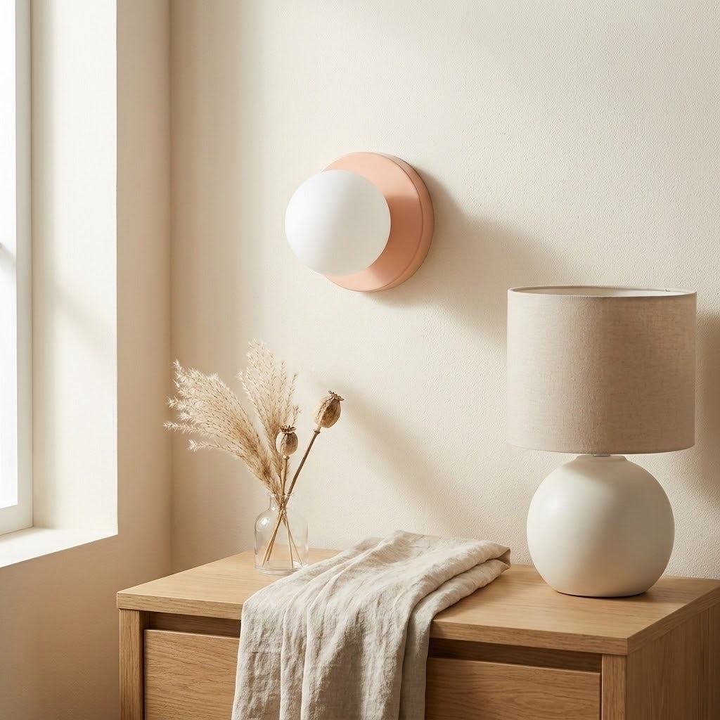 Wall sconce with a white globe shade and blush pink base above a wooden cabinet beside a window and table lamp.