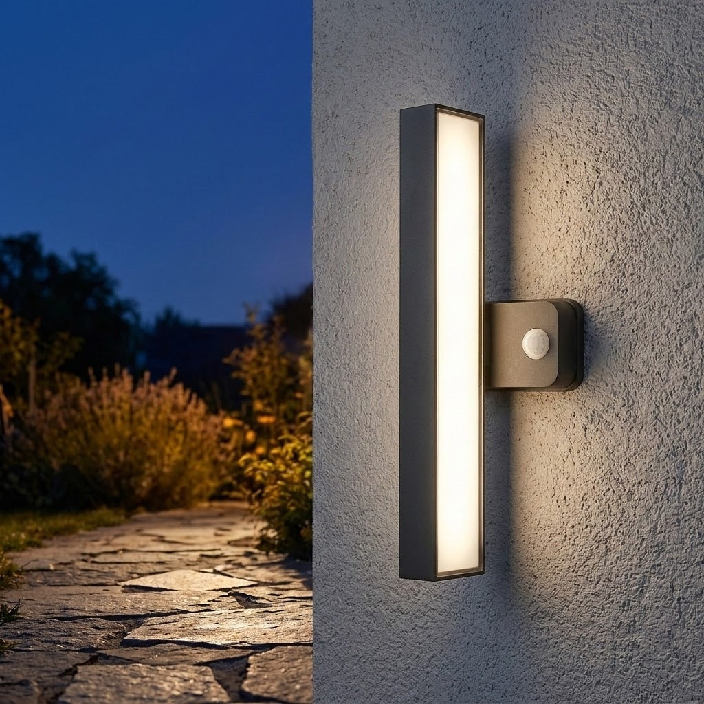 Dark wall sconce with a vertically rotated illuminated bar and round motion sensor lights an exterior wall beside a garden path.