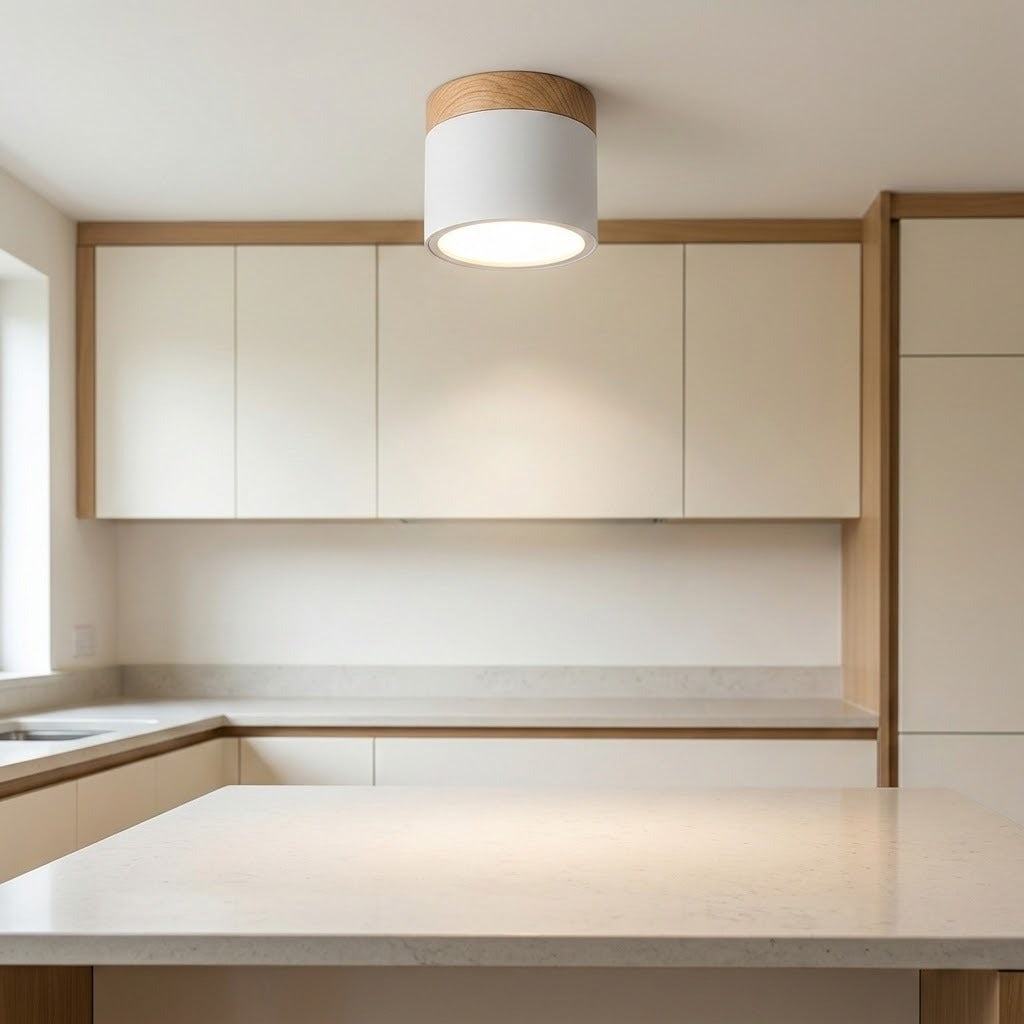 White LED downlight with wood trim is ceiling-mounted above a kitchen island, with pale cabinets in the background.