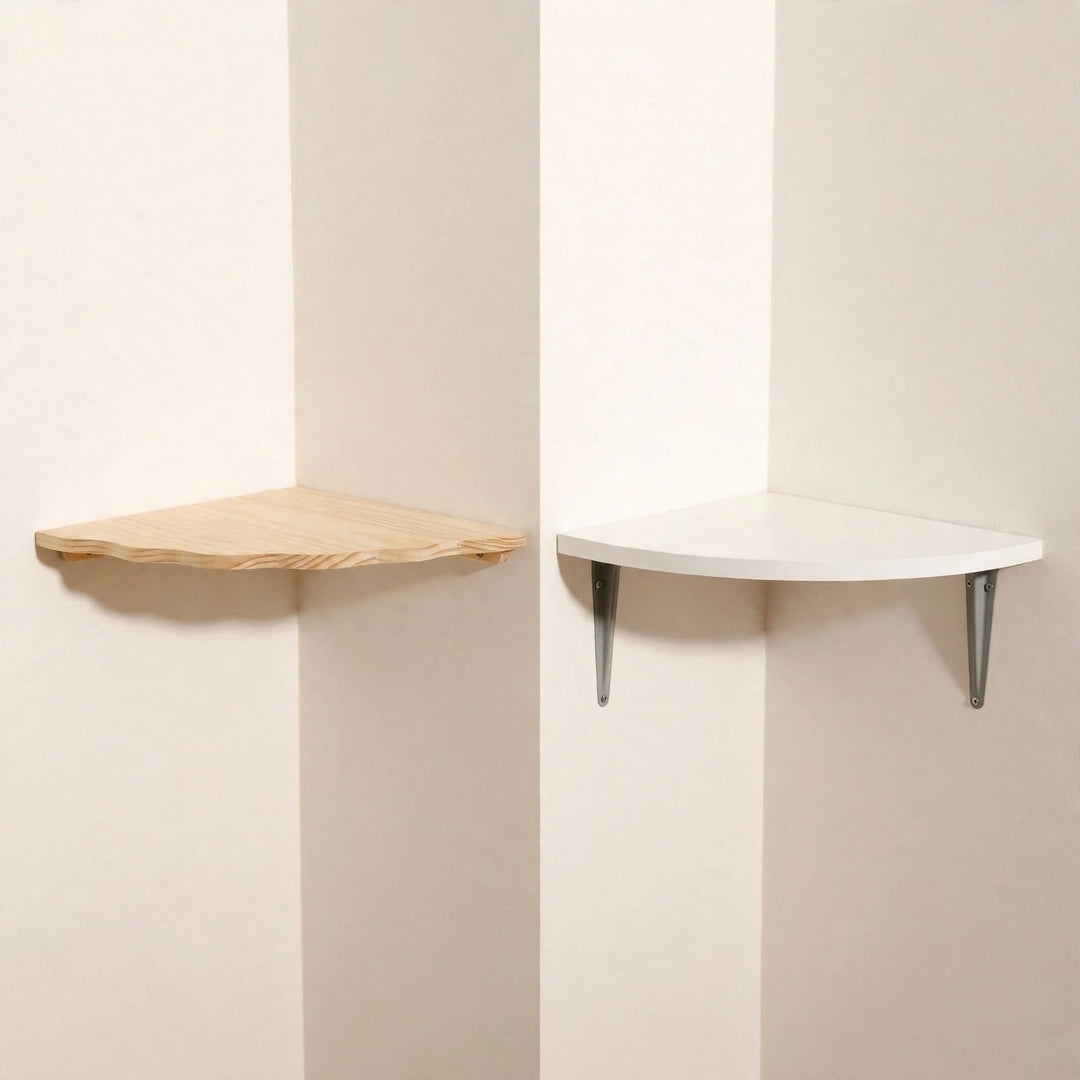 Side-by-side cream corners comparing a light natural pine scalloped corner shelf on hidden wooden cleats with a white corner shelf on visible grey metal brackets.