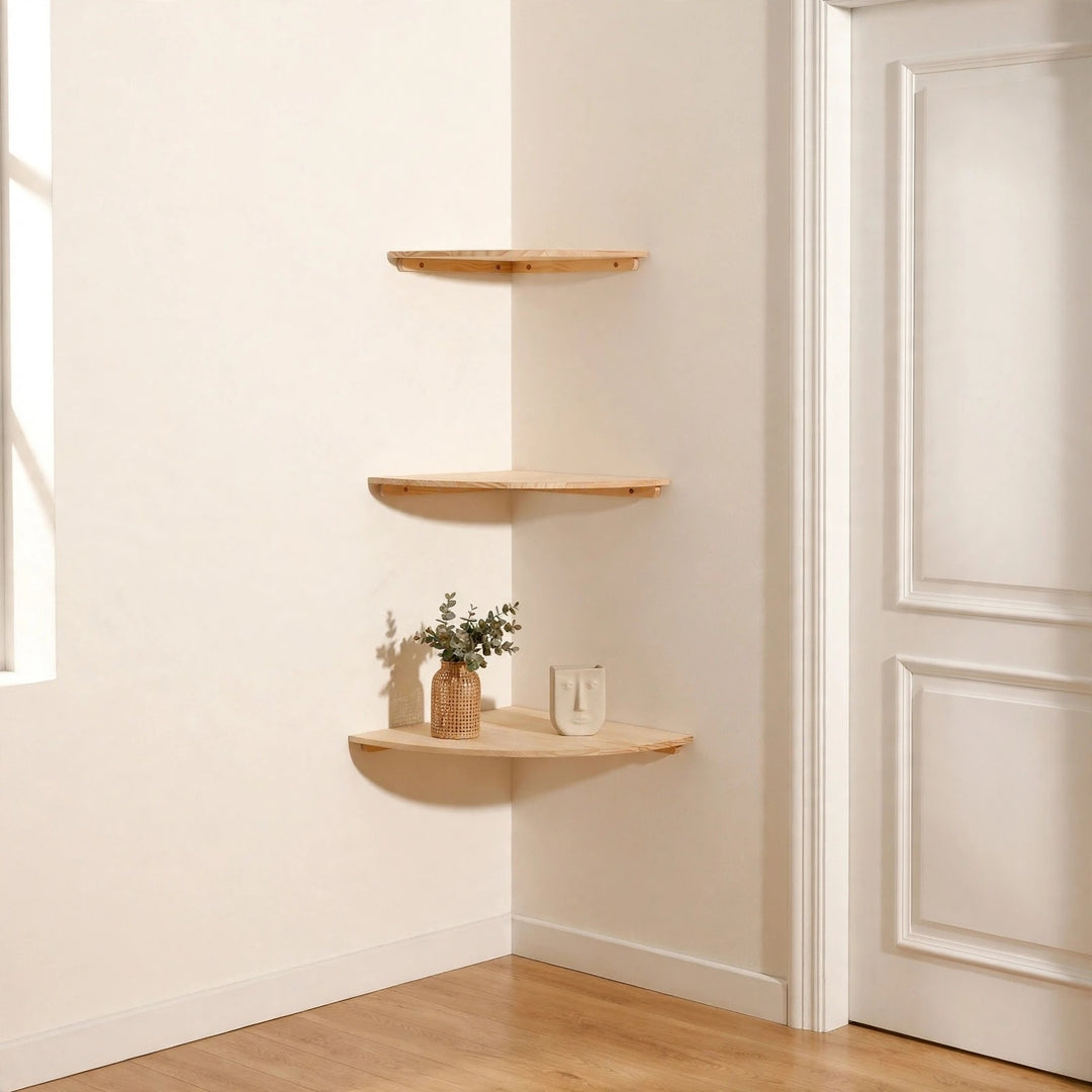 Three light natural pine quarter-round corner shelves mounted in a cream corner beside a white door, lowest holding a woven vase and face sculpture.