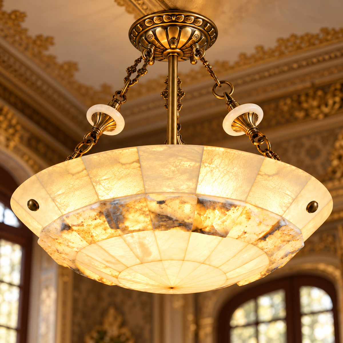 Close-up of an illuminated semi-flush ceiling light showing cream alabaster panels, brass chains, a central rod, and decorative ceiling canopy.