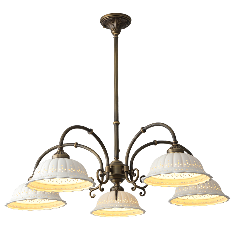 A five-light chandelier with an antique bronze metal frame and five white textured glass shades, shown against a plain white background.