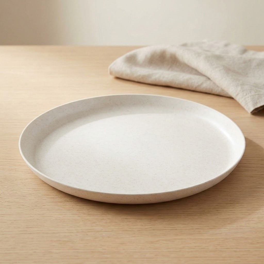 A round off-white ceramic plate with a textured matte finish, set on a light wood table with a beige linen napkin in the background.