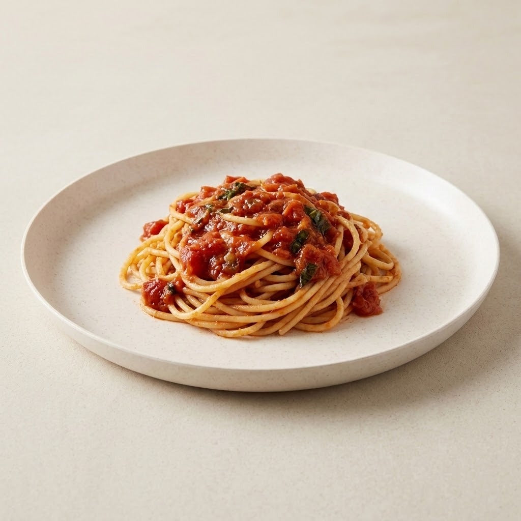 A plate of spaghetti with tomato sauce and herbs, served on a round off-white ceramic plate against a neutral beige background.