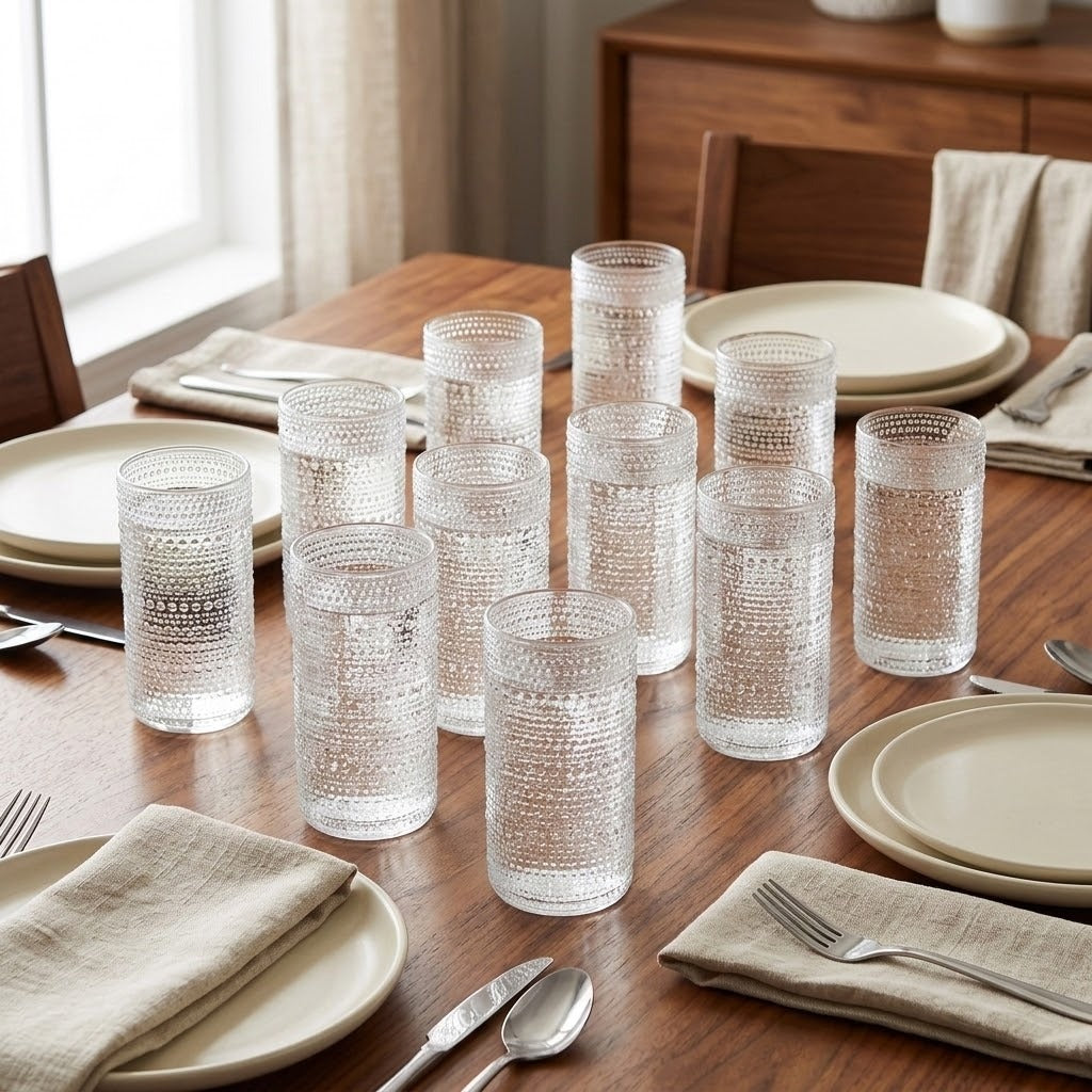 A set of clear textured glass tumblers arranged on a wooden dining table with plates, napkins, and silverware in a real dining room setting.