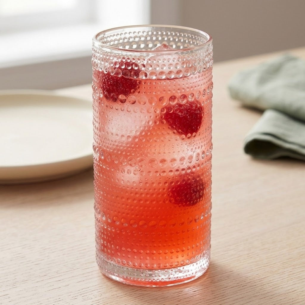 A clear textured glass tumbler with a dimpled bubble pattern, filled with a pinkish-red iced drink and raspberries, set on a light wood tabletop with a blurred plate and cloth in the background.
