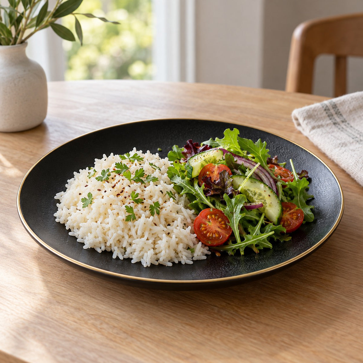 Black gold rim ceramic dinner plate serves rice and salad at a softly lit home dining table.