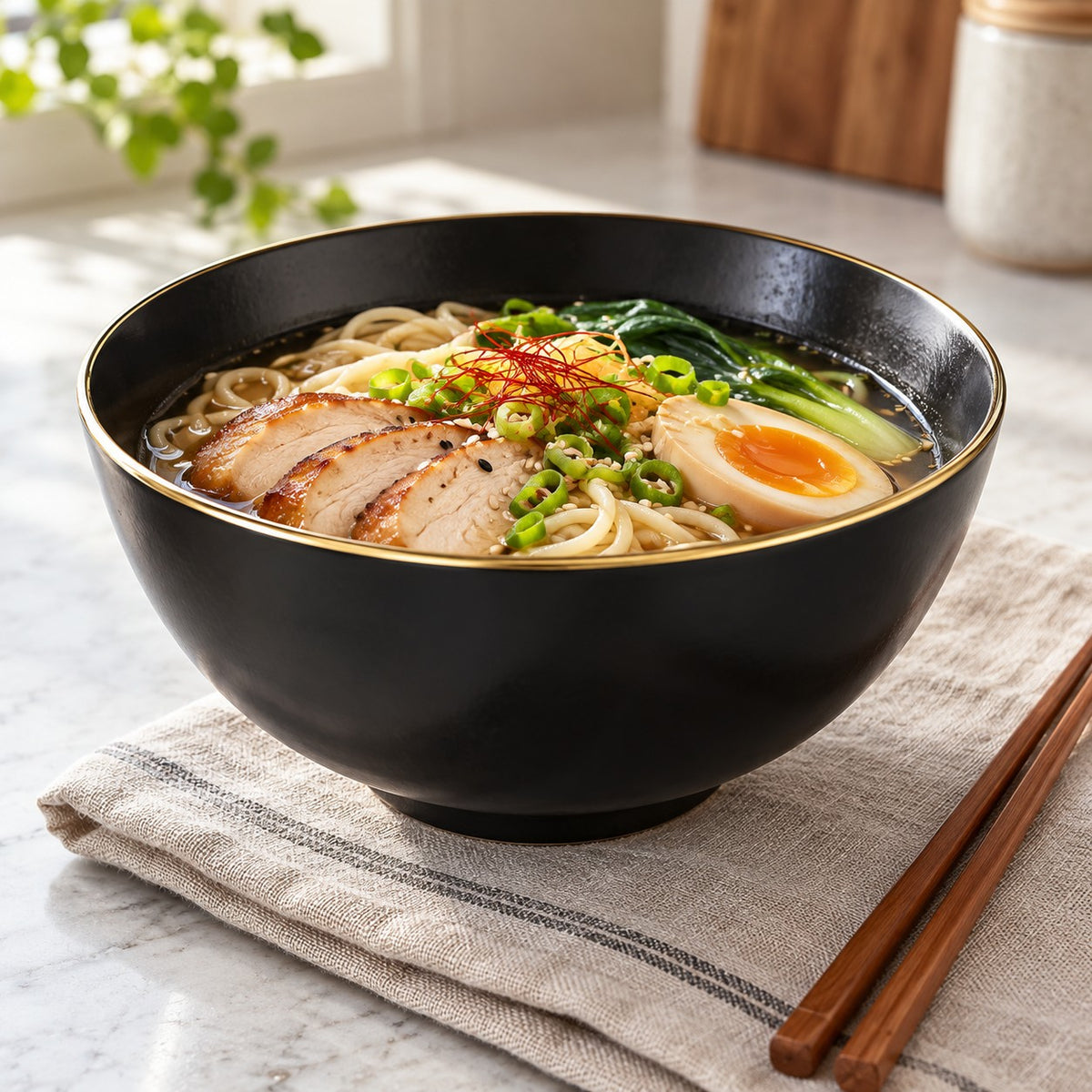 Black ceramic gold rim bowl holds noodles at a simple bright home lunch table.