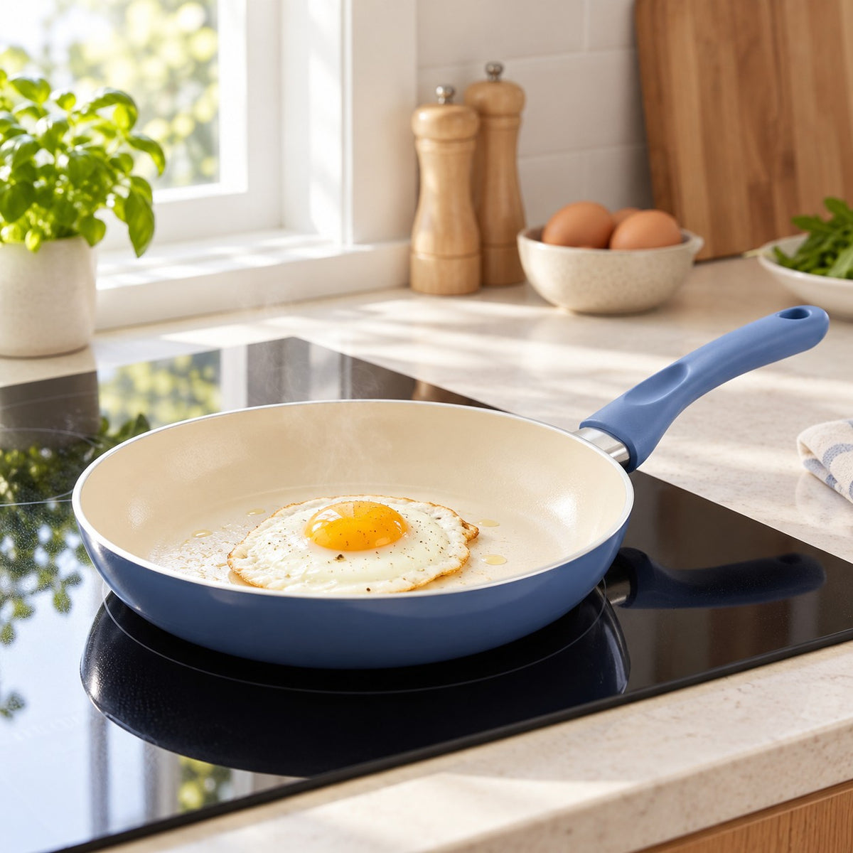 Slate Blue Ceramic Cookware Set fries a breakfast egg in a ceramic pan on an induction cooktop.