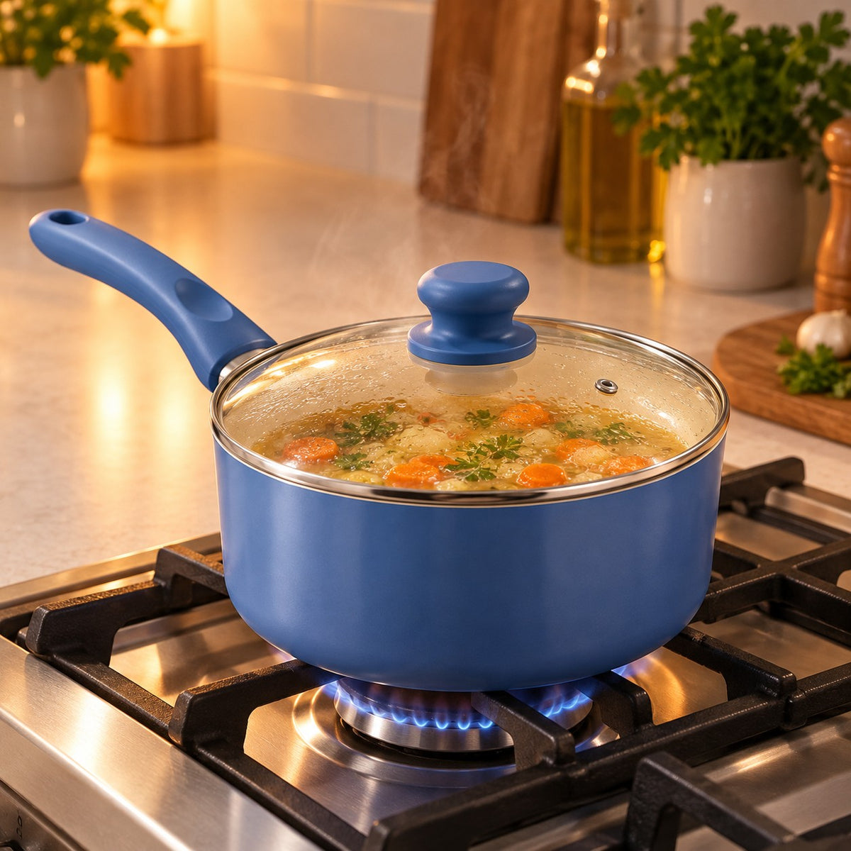 Slate Blue Ceramic Cookware Set saucepan simmers vegetables beneath a clear glass lid on a gas cooktop.