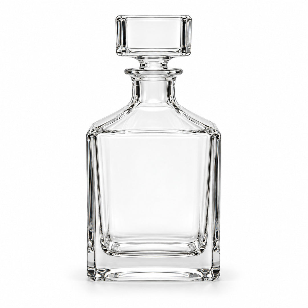One complete empty Smooth Square glass wine decanter with its square glass stopper on white.