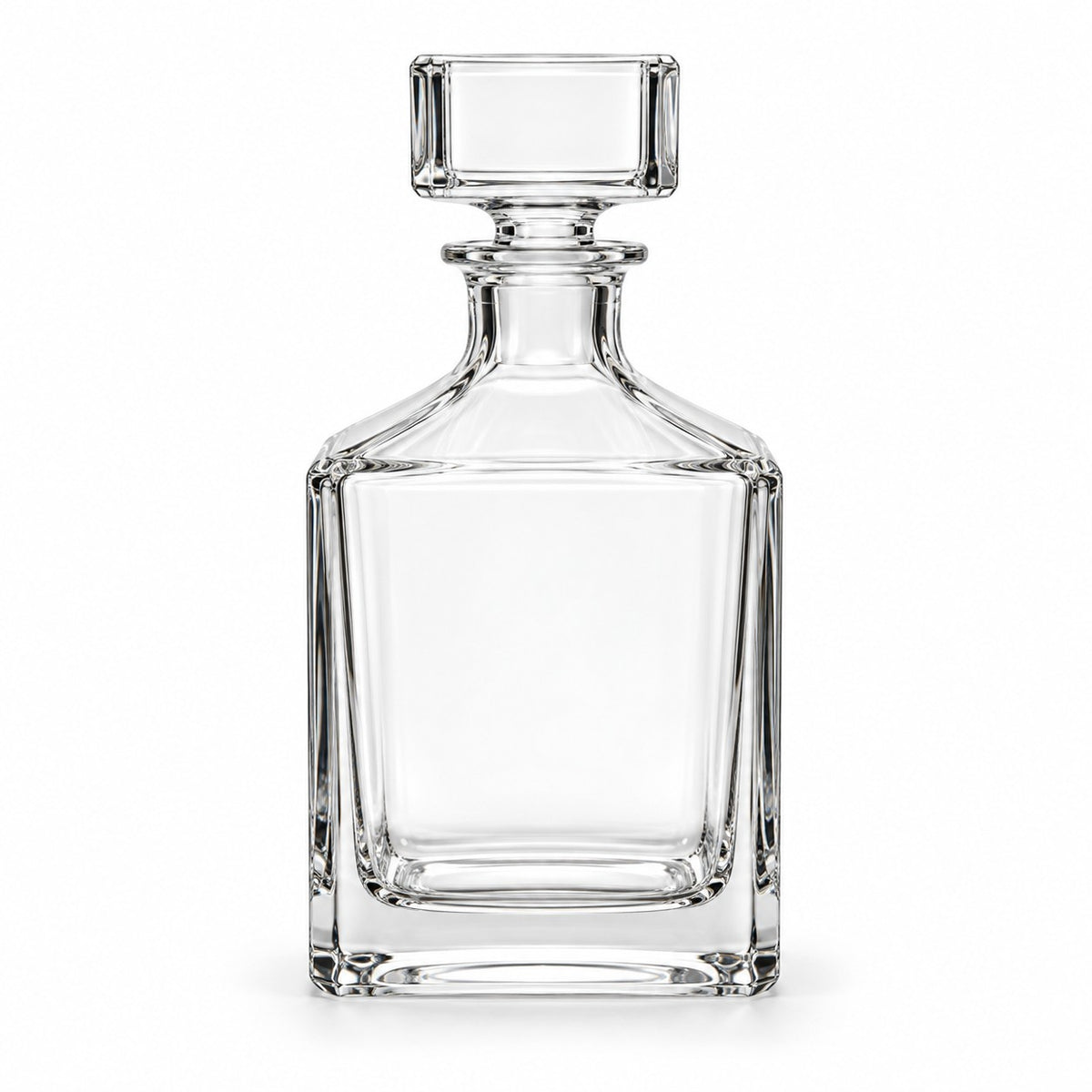 One complete empty Smooth Square glass wine decanter with its square glass stopper on white.