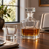 Glass wine decanter with amber whisky ready to pour on a home dining table.