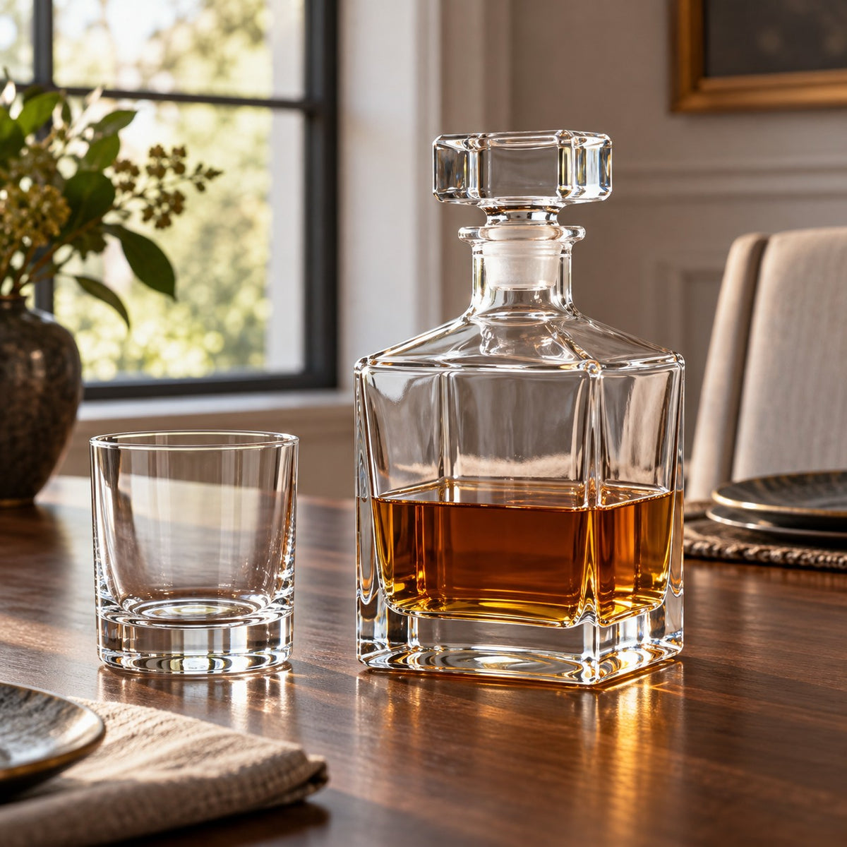 Glass wine decanter with amber whisky ready to pour on a home dining table.