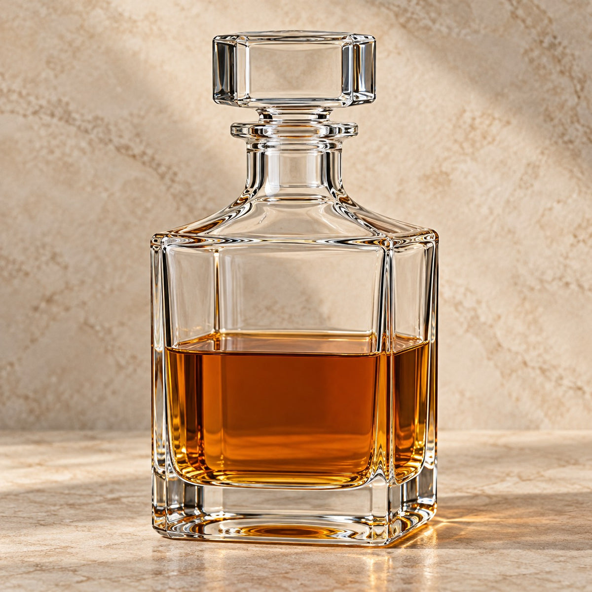 Smooth Square glass wine decanter with a broad stopper and clear, substantial glass body.