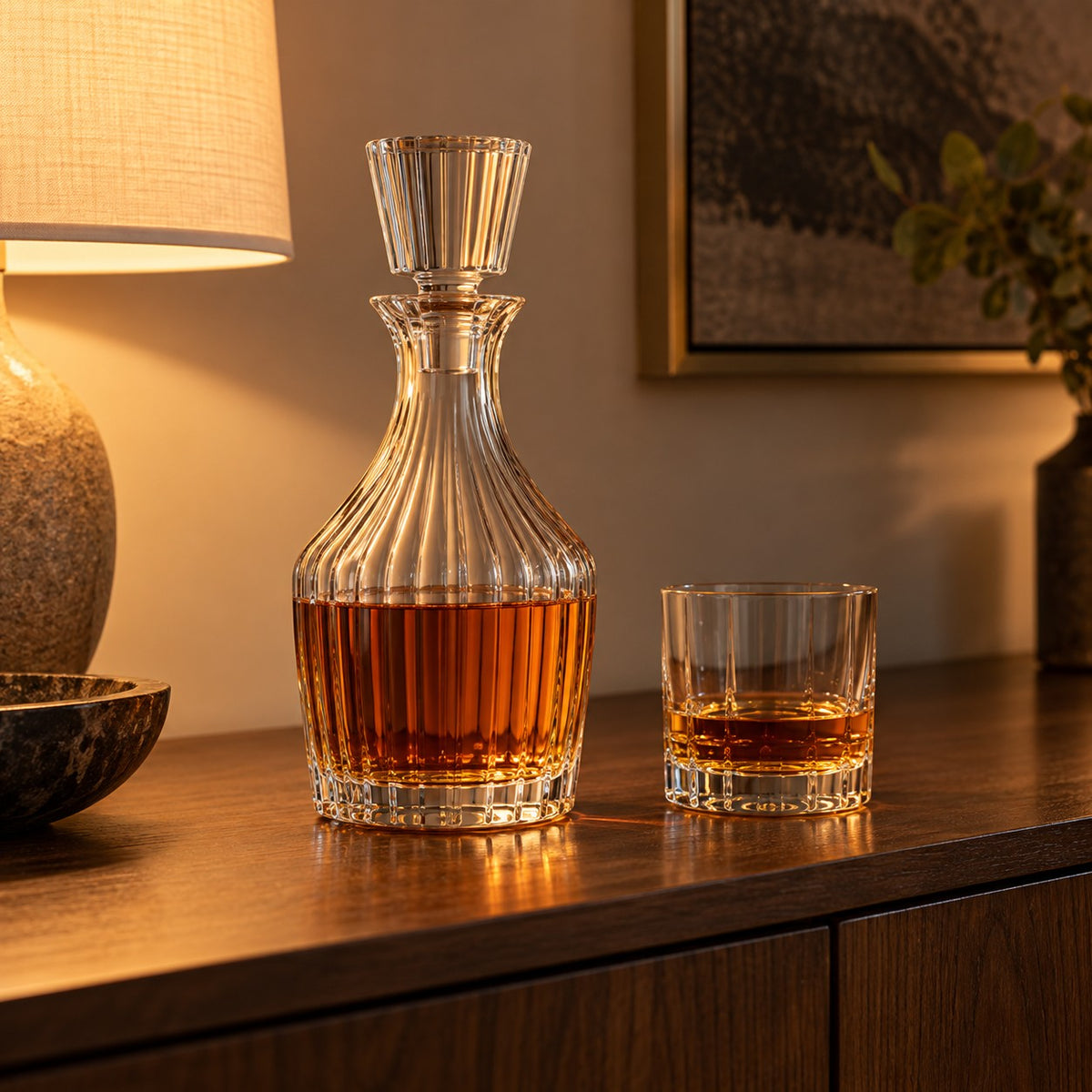 Fluted Hourglass glass wine decanter with whisky beside a tumbler on a home sideboard.
