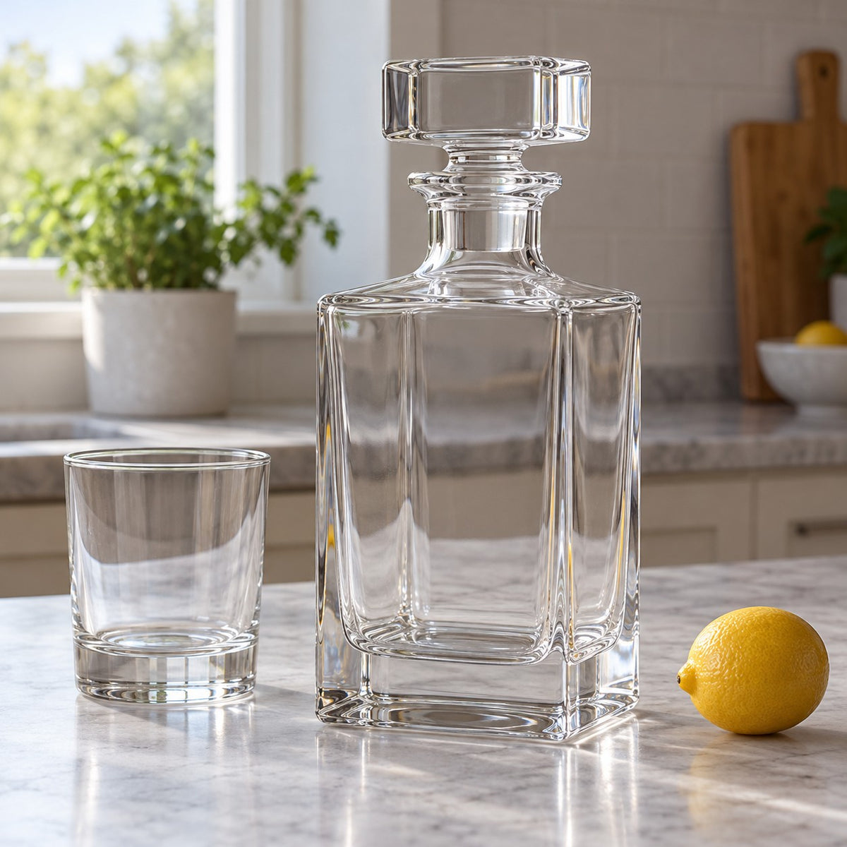 Smooth Square glass wine decanter beside a drinking glass and citrus on a kitchen counter.