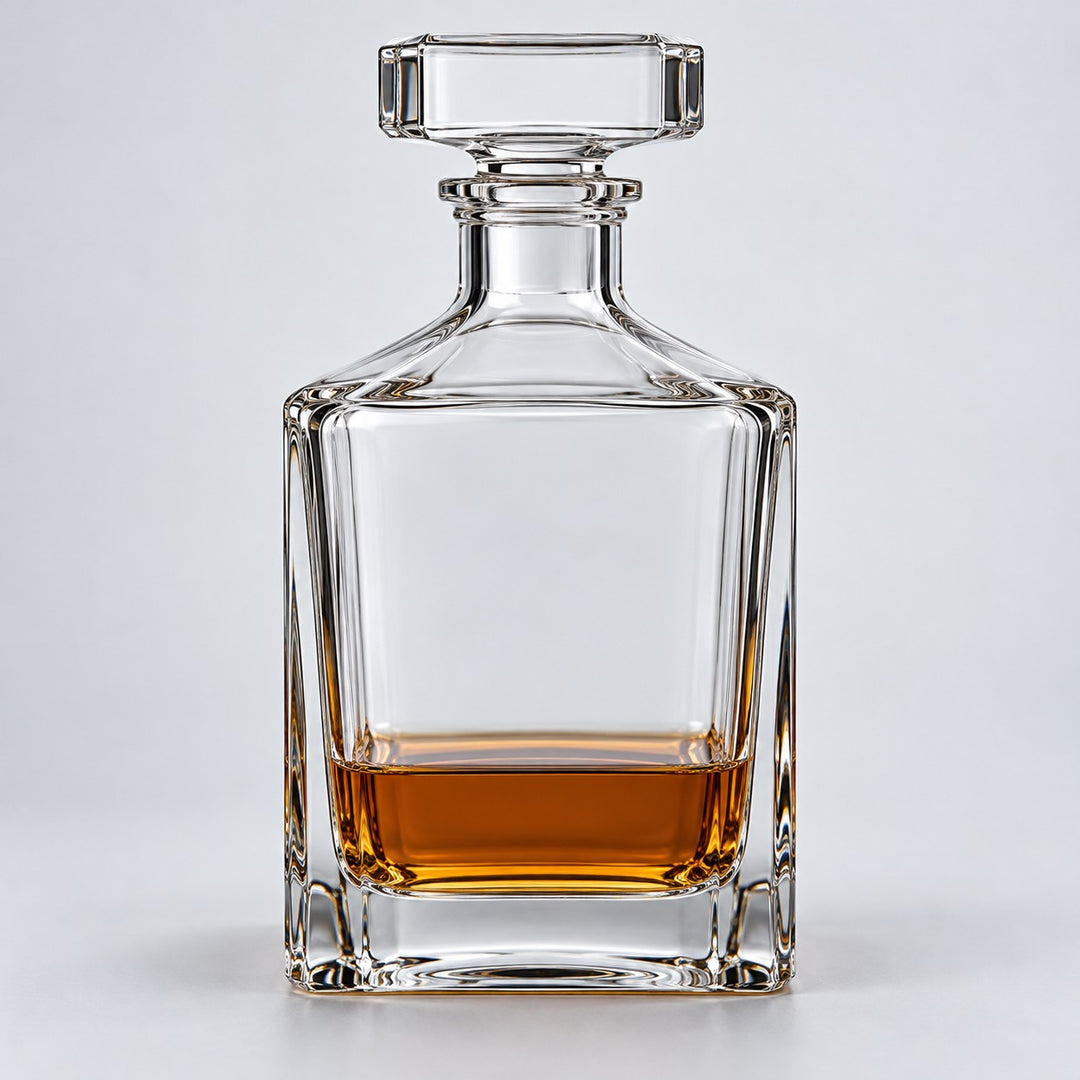 Smooth Square glass wine decanter with amber drink on a pale studio backdrop.