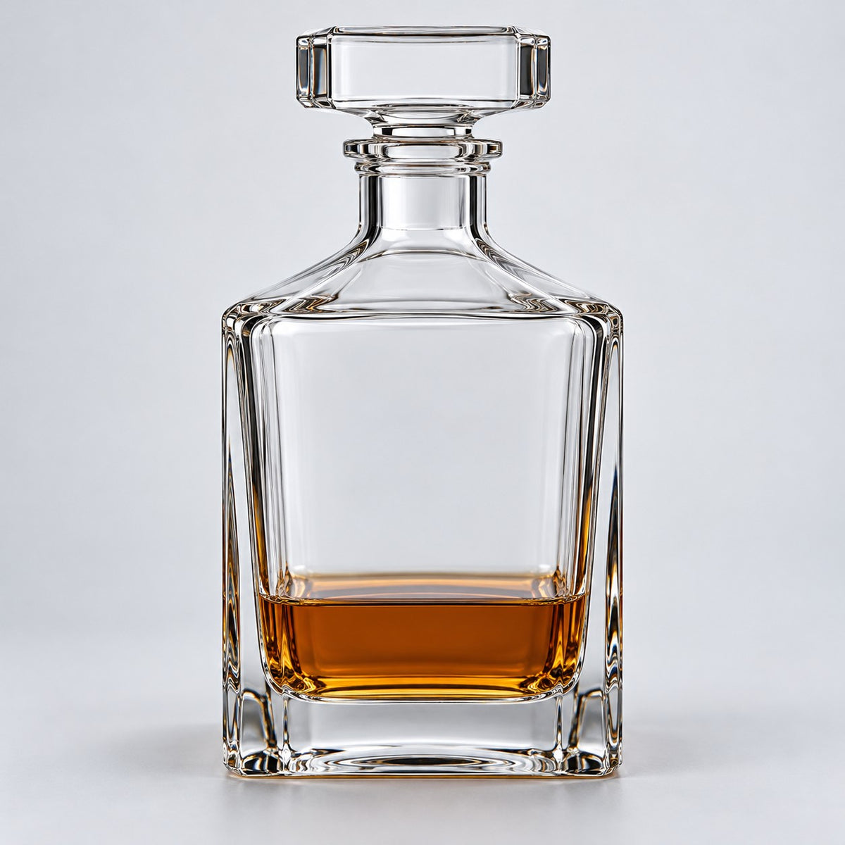 Smooth Square glass wine decanter with amber drink on a pale studio backdrop.