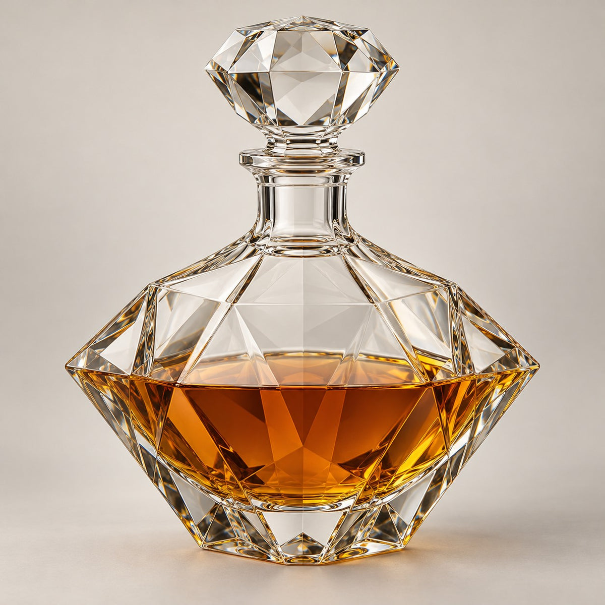 Faceted Diamond glass wine decanter with amber drink on a pale studio backdrop.