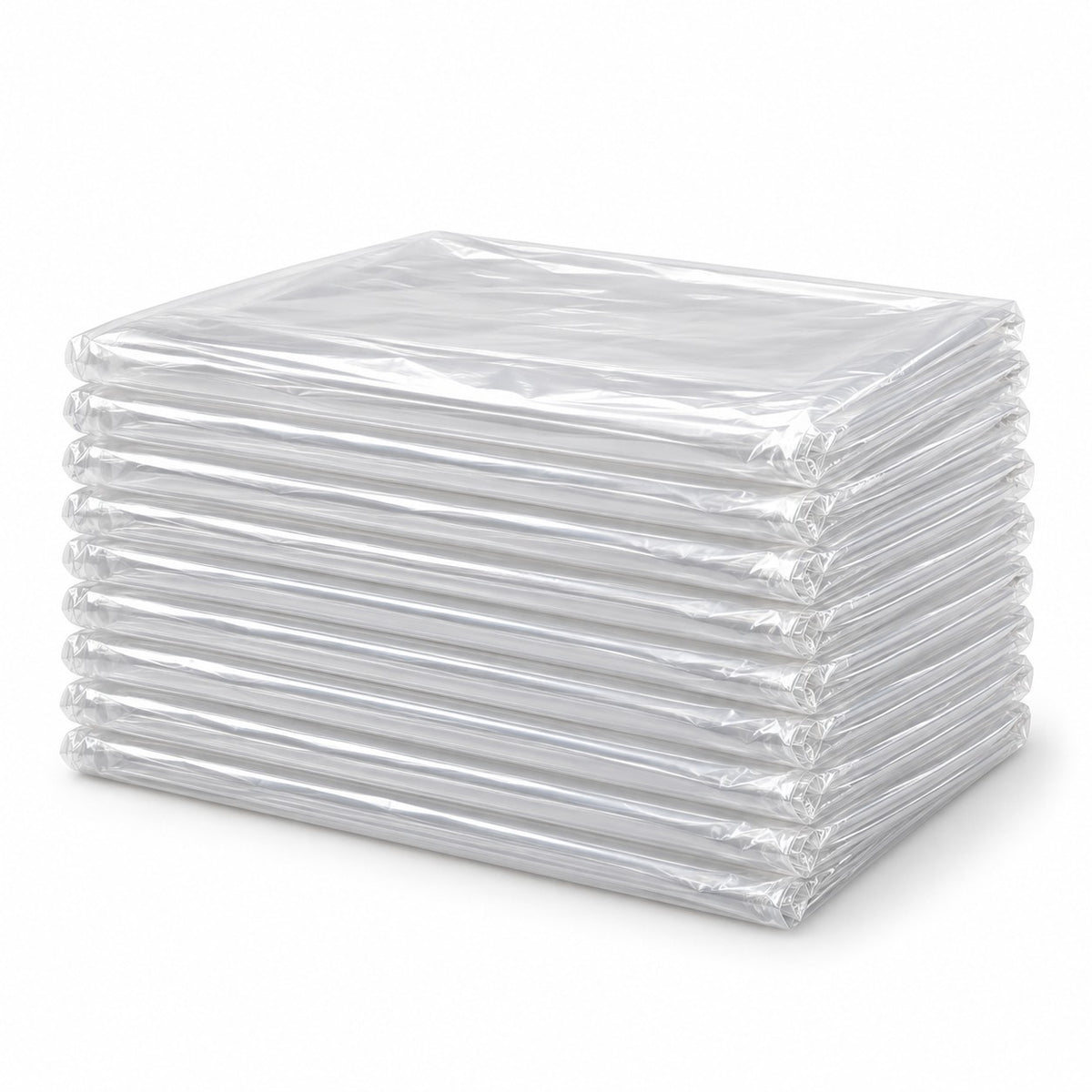 A neat stack of ten clear disposable plastic tablecloths shows the single-use covers included.