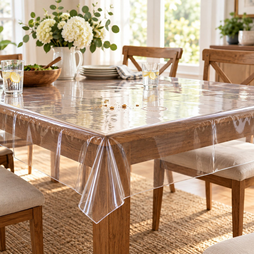 Clear disposable plastic tablecloth covers a dining table with crumbs and a small spill during home use.
