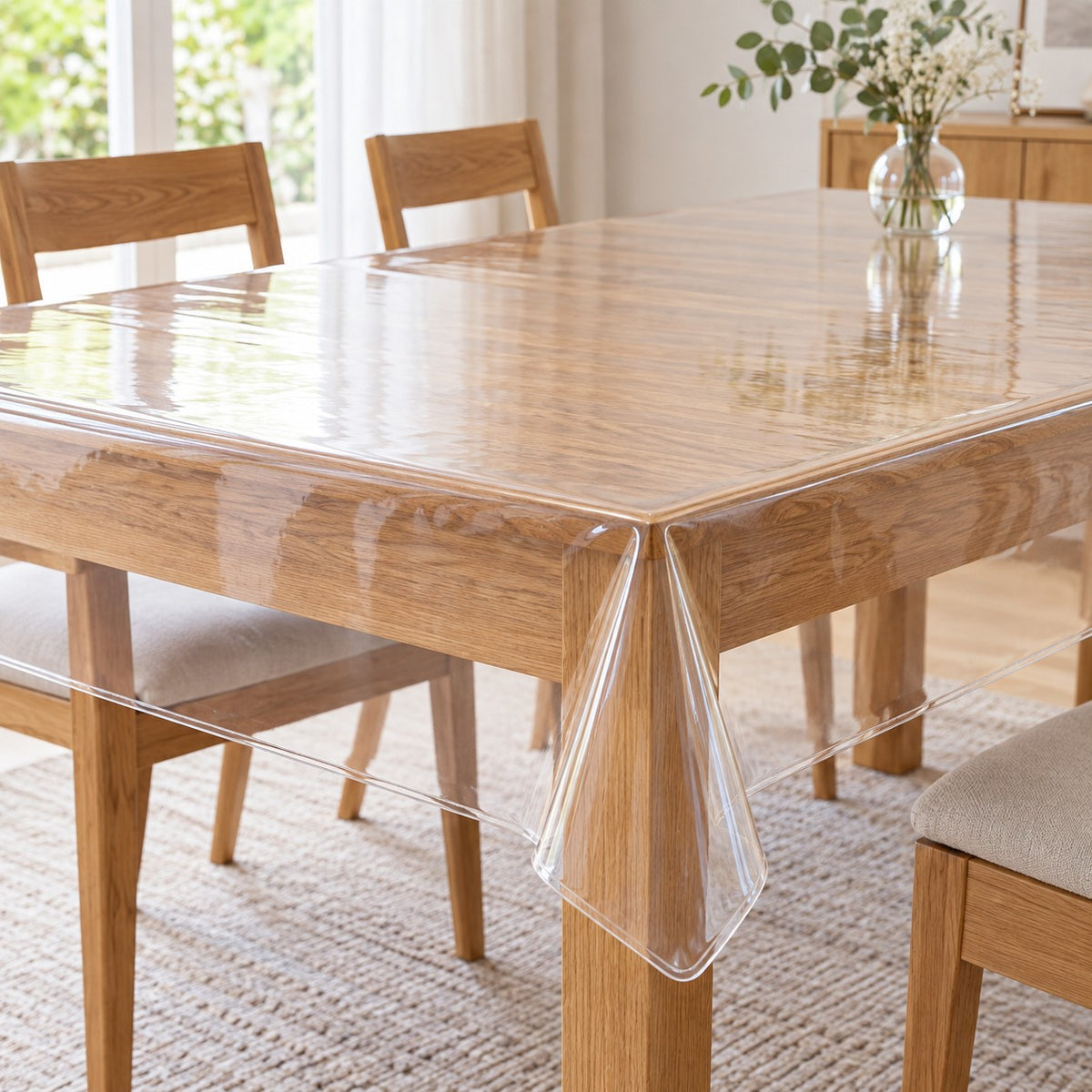 Clear disposable plastic tablecloth drapes over a light oak table while leaving the wood grain visible.