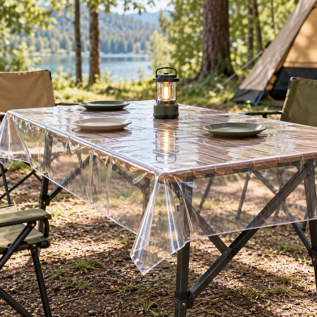 Clear disposable plastic tablecloth covers an outdoor camping table beneath picnic plates and a lantern.