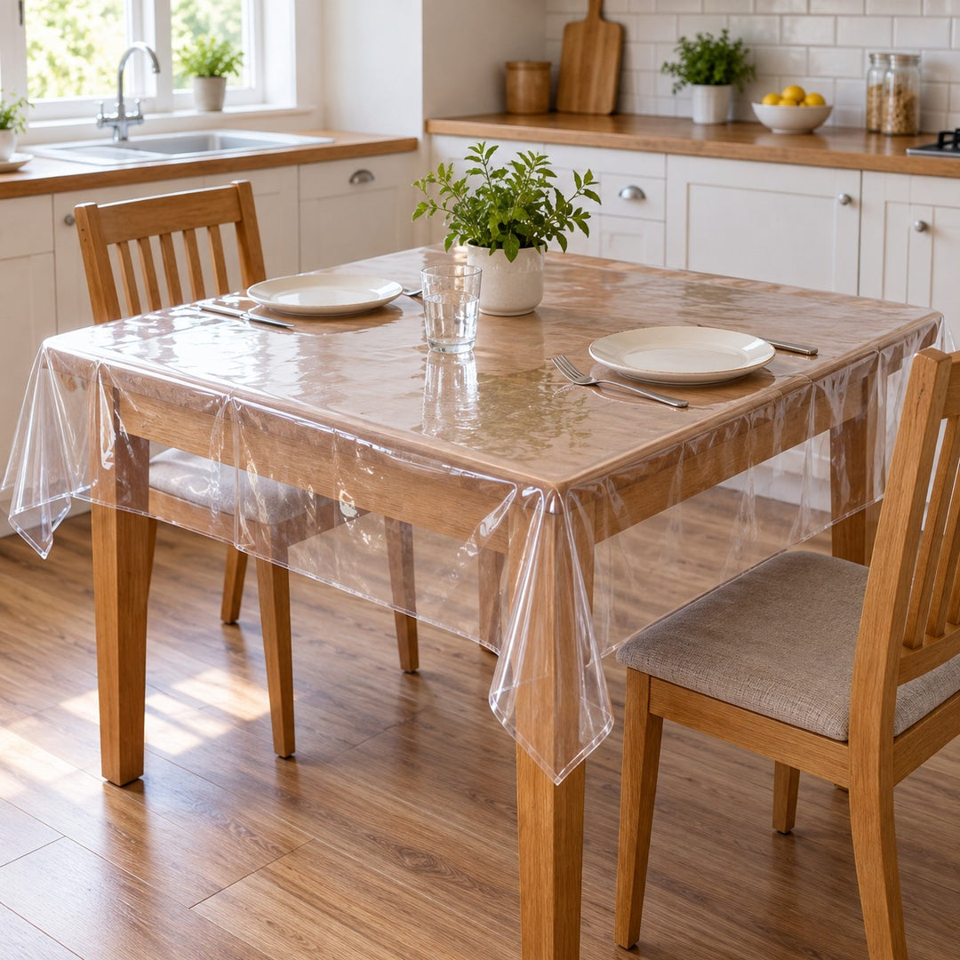 Clear disposable plastic tablecloth drapes over a small kitchen table beside plates and a drinking glass.
