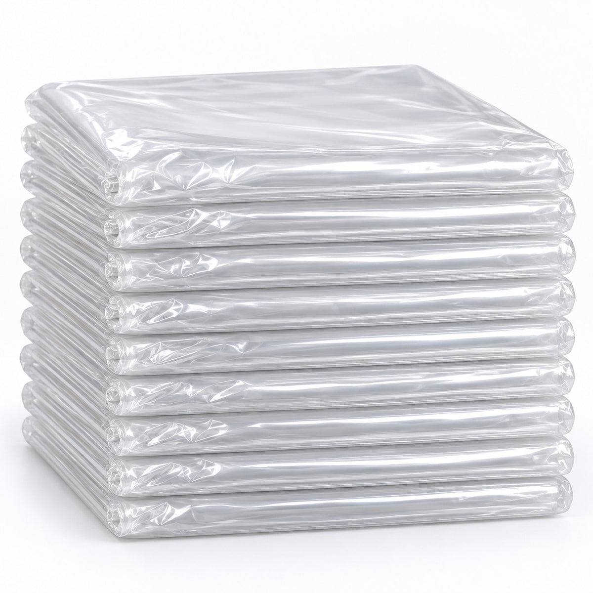 Set of 10 clear disposable plastic tablecloths folded in a compact stack on a pale backdrop.