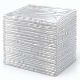 Set of 30 clear disposable plastic tablecloths folded in a thicker layered stack on a pale backdrop.