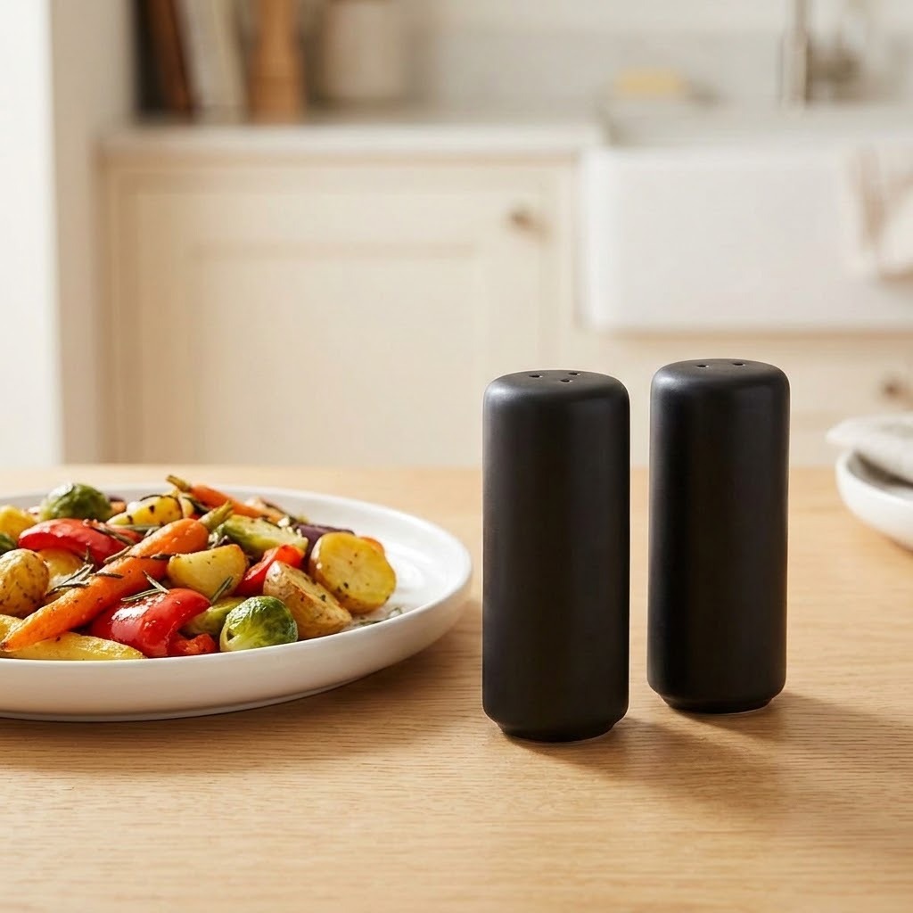 Two matte black cylindrical salt and pepper shakers standing on a light wood table next to a plate of roasted vegetables in a softly blurred kitchen setting.