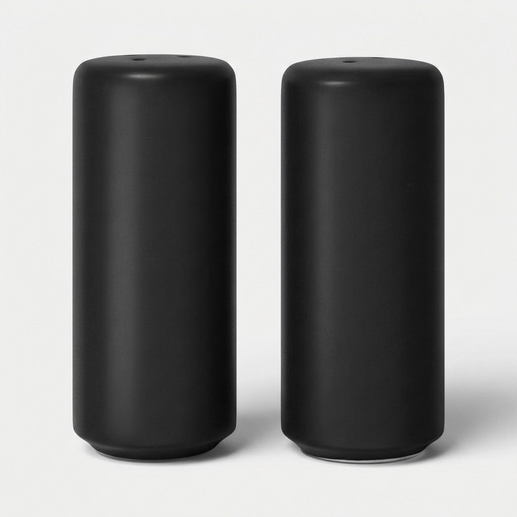 Two matte black cylindrical containers or devices standing upright side by side on a light gray studio background.