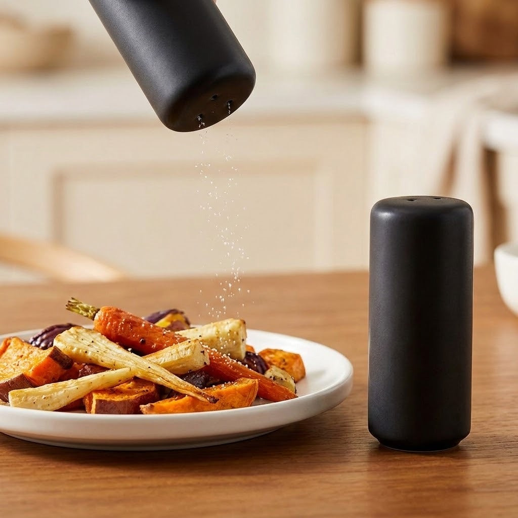 A matte black cylindrical salt and pepper grinder with a matching cylindrical container pouring seasoning over roasted vegetables on a white plate, set on a wooden table.