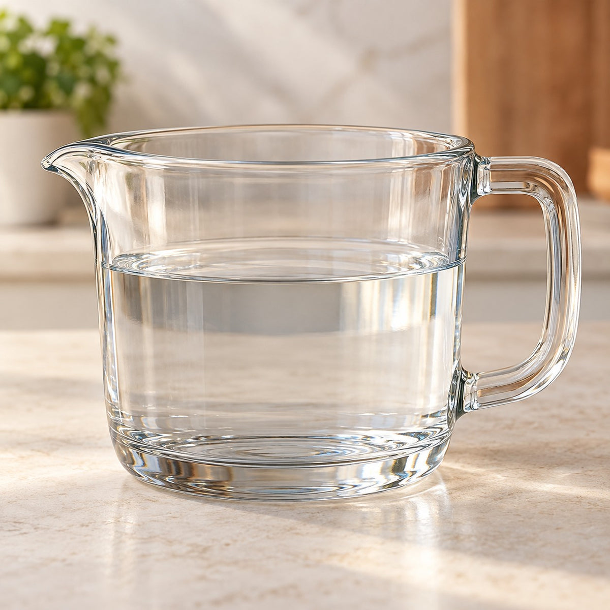 A clear glass 2-cup measuring cup shows liquid inside its compact, transparent body.