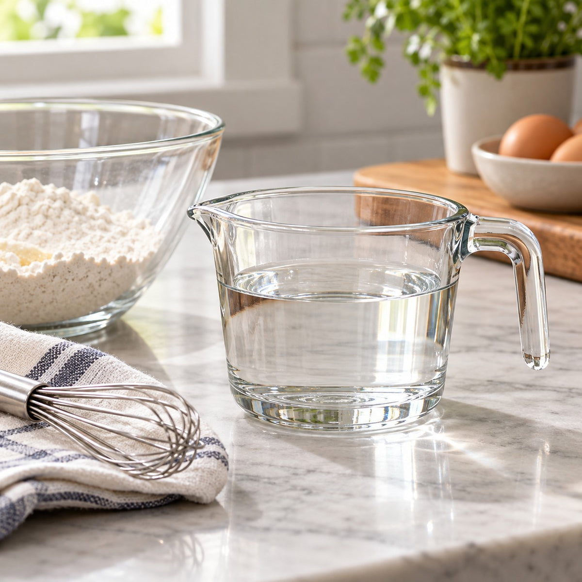 A clear glass 2-cup measuring cup holds liquid beside a bowl and whisk for home baking.