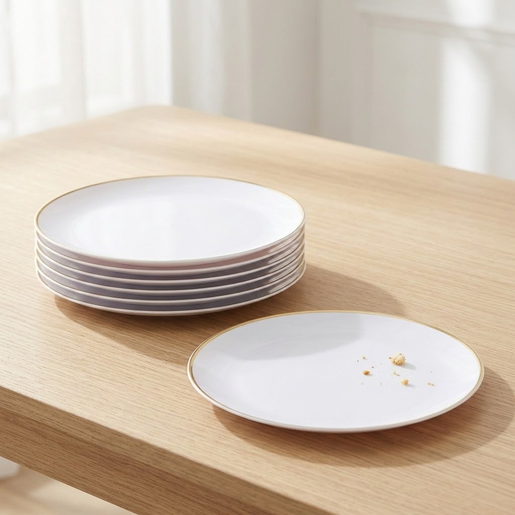 A stack of white ceramic plates with a thin gold rim sits on a light wood table next to one empty plate with a few crumbs, in a softly lit indoor setting.