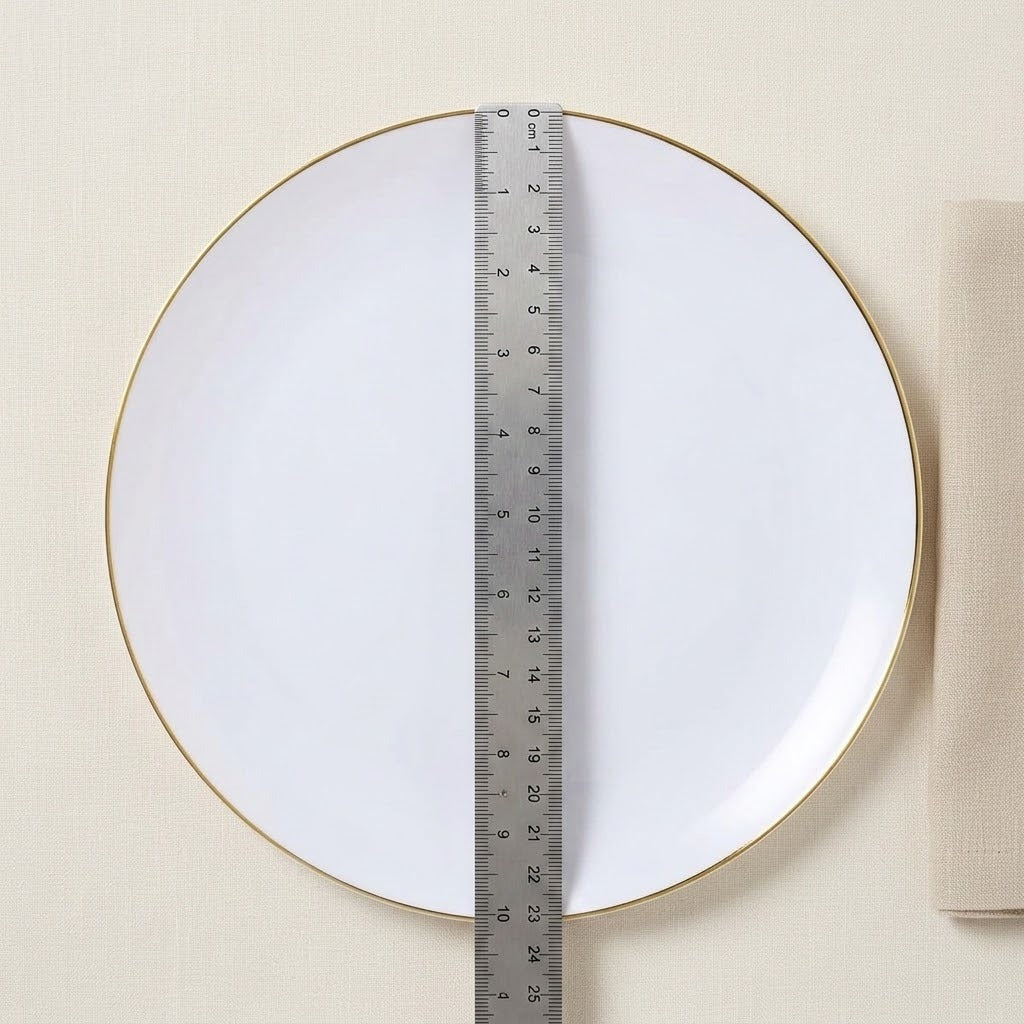 A white round plate with a thin gold rim, shown from above on a light beige textured background with a metal ruler placed vertically along the center for scale.