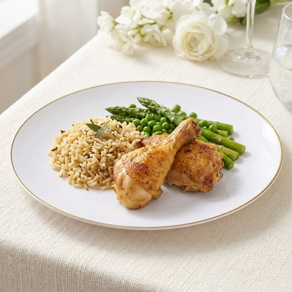 A white ceramic dinner plate with a delicate gold rim, styled with a meal of chicken drumsticks, rice, peas, and asparagus on a cream tablecloth.