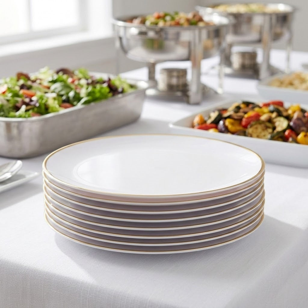 A stack of white dinner plates with a thin gold rim sits on a white tablecloth in a buffet setting, with salads and chafing dishes blurred in the background.