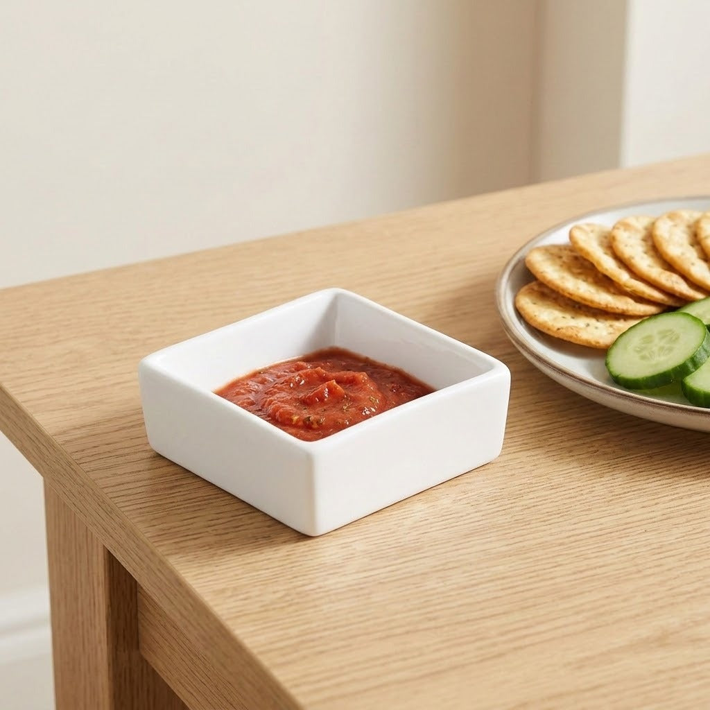 A small square white ceramic dip dish filled with red salsa, set on a light wood table next to a plate of crackers and cucumber slices.