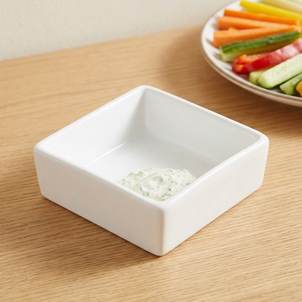 A square white ceramic dipping bowl containing a small dollop of white dip, set on a light wood table with a plate of vegetable sticks blurred in the background.