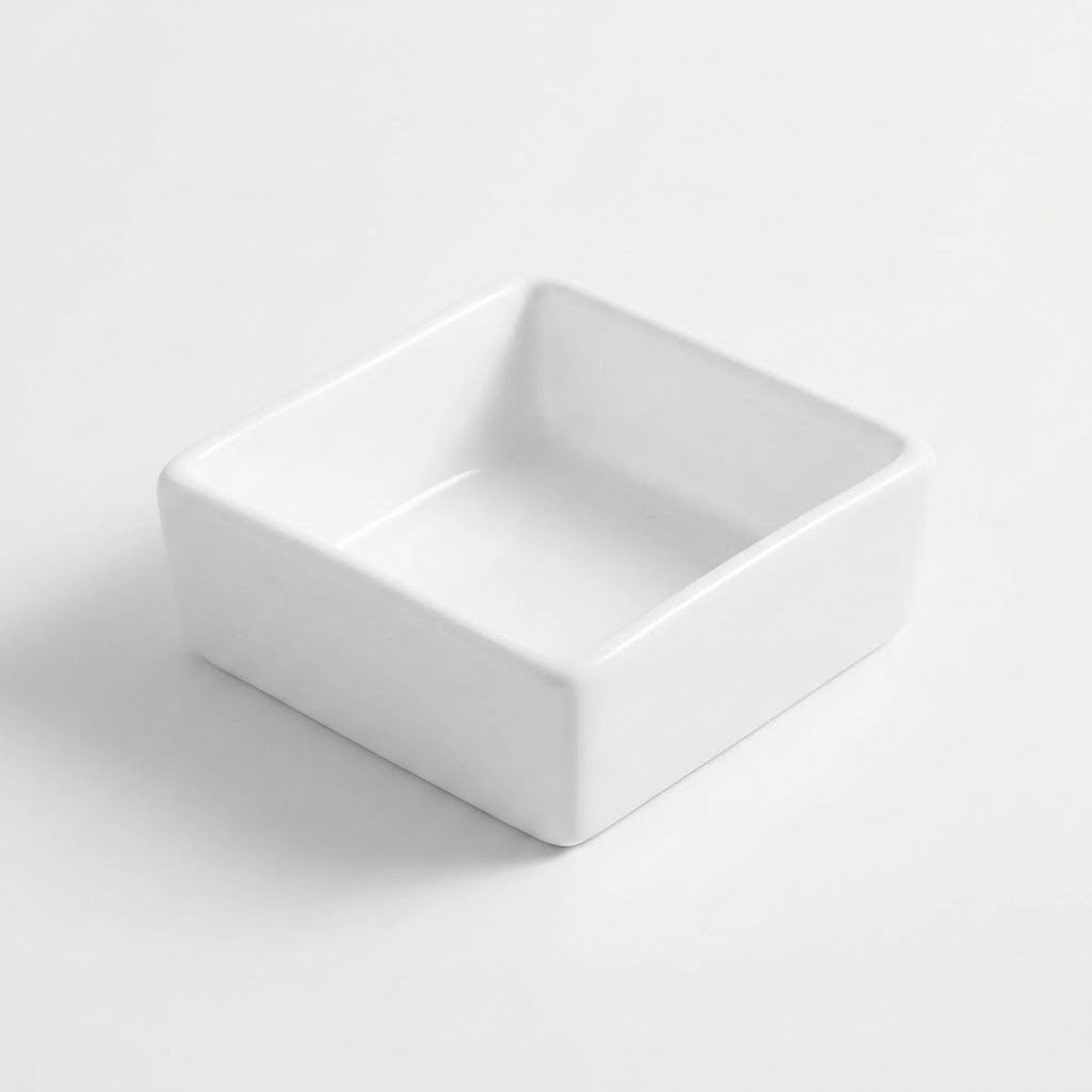 A small square white ceramic dish with a shallow interior, photographed on a clean white background.