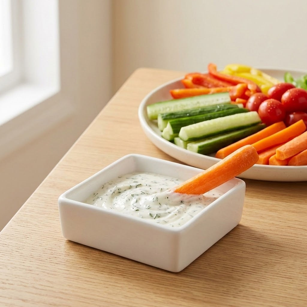 A small white square ceramic dipping bowl filled with creamy herb dip on a light wood table, with a carrot resting in the bowl and a plate of sliced vegetables in the background.