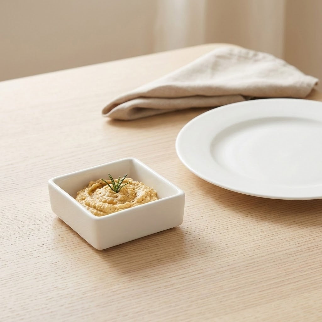 A small square white ceramic bowl filled with hummus and garnished with a sprig of rosemary, set on a light wood table next to a white plate and a folded beige napkin.
