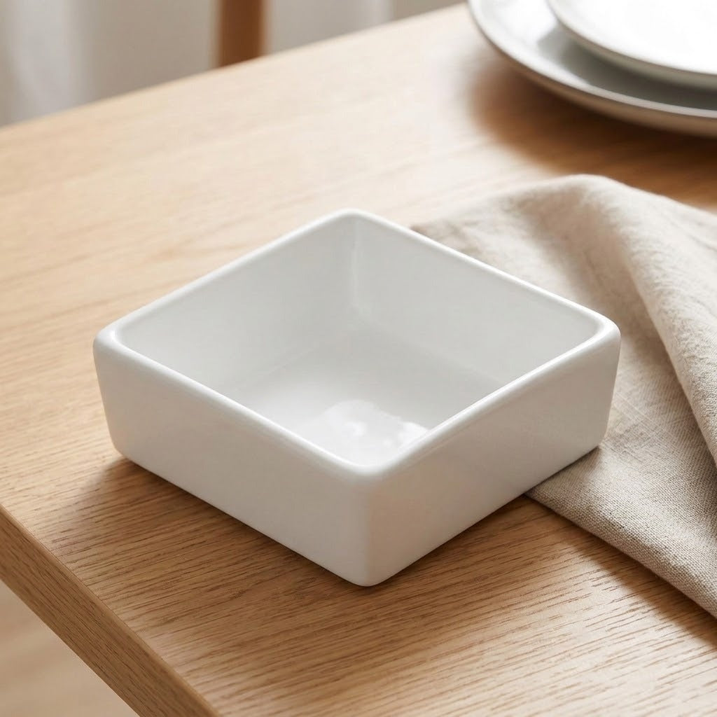 A small square white ceramic dish with a raised rim, placed on a light wood table next to a beige cloth napkin.